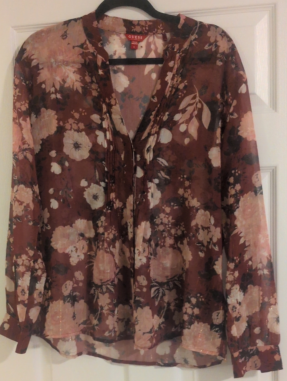GUESS Red Floral V-Neck Long Sleeve Sheer Blouse